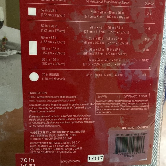 HOLIDAY POINSIETTA TABLECLOTH, 70in round, gray & red, new in bag - Picture 6 of 7